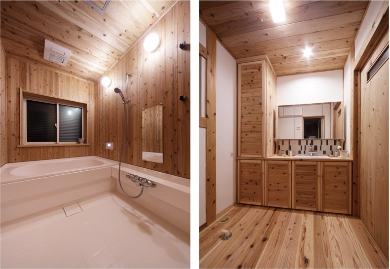 音響熟成木材バスユニット仕様の浴室・洗面室